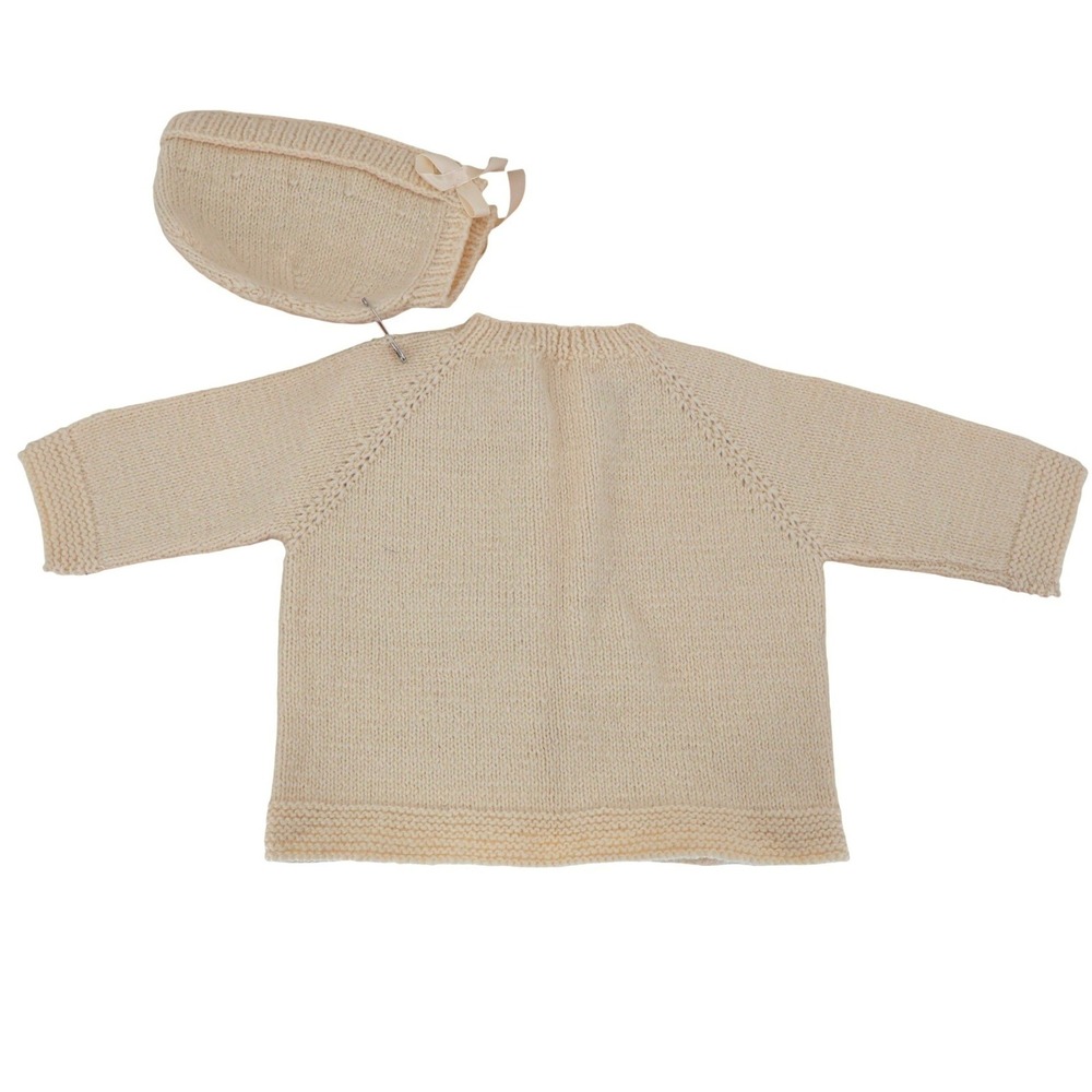 Handmade‎ Knit Cardigan Bonnet Set Baby Unisex Size 0-3M Cream Heirloom Heritage